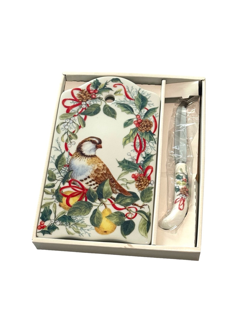 Vintage Andrea by Sadek Winter Birds Cheese Board Set with Knife, Porcelain NWOT